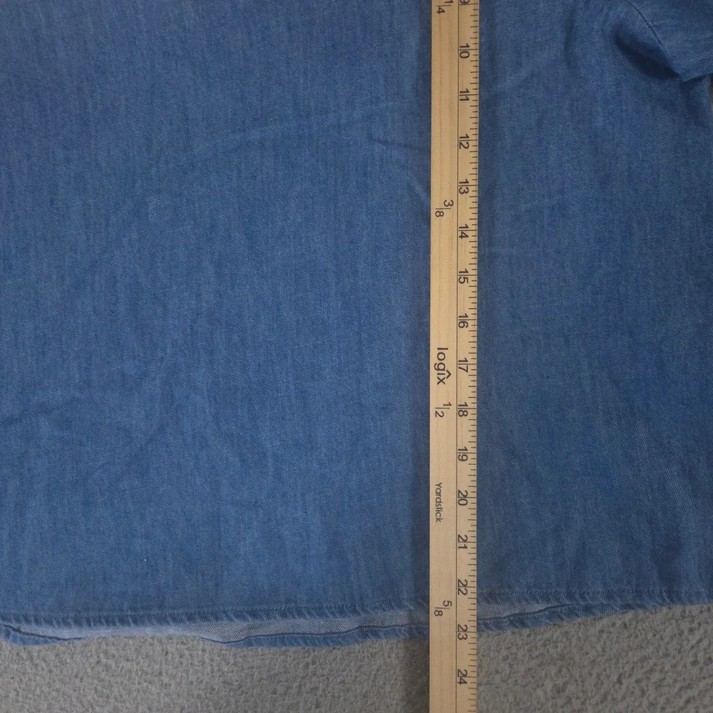 Old Navy Top Womens Medium Blue Ruffle-Collar Chambray Cotton Puff Sleeve Tie